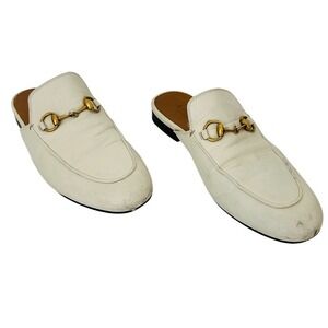 Gucci Princetown Ecru White Leather‎ Flat Slip On Loafer Mule Size 37